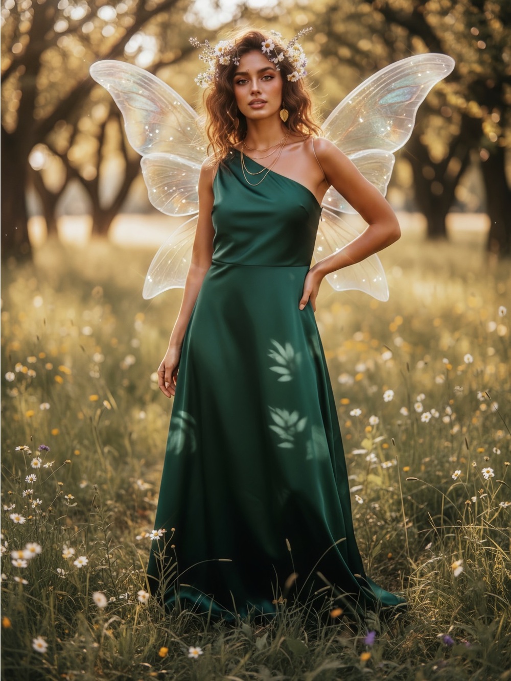 Forest Green One-Shoulder Satin Evening Gown